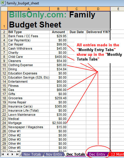 family budget sheet totals tabs